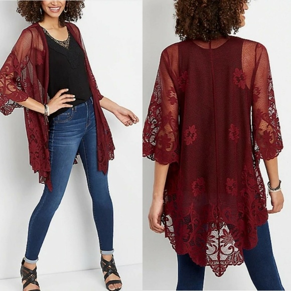 Maurices Lace Open Front Kimono Burgundy HW6543 - Picture 8 of 8